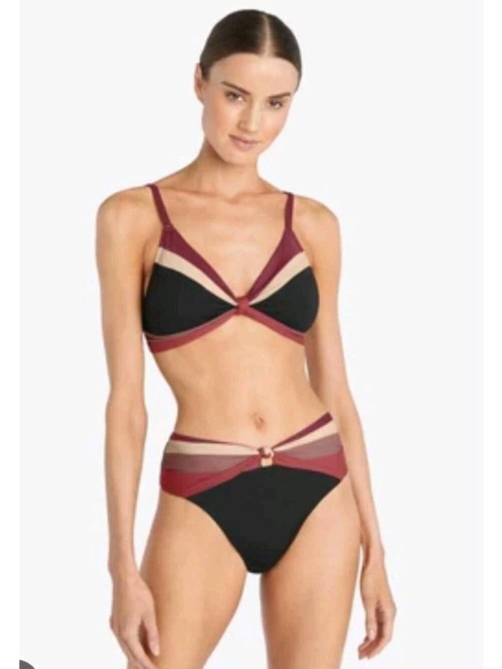 Robin Piccone Bikini Set M NWT Black Burgundy Colorblock Knot Top High Rise